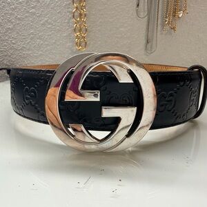 Gucci Black Embossed Belt with Silver GG Buckle